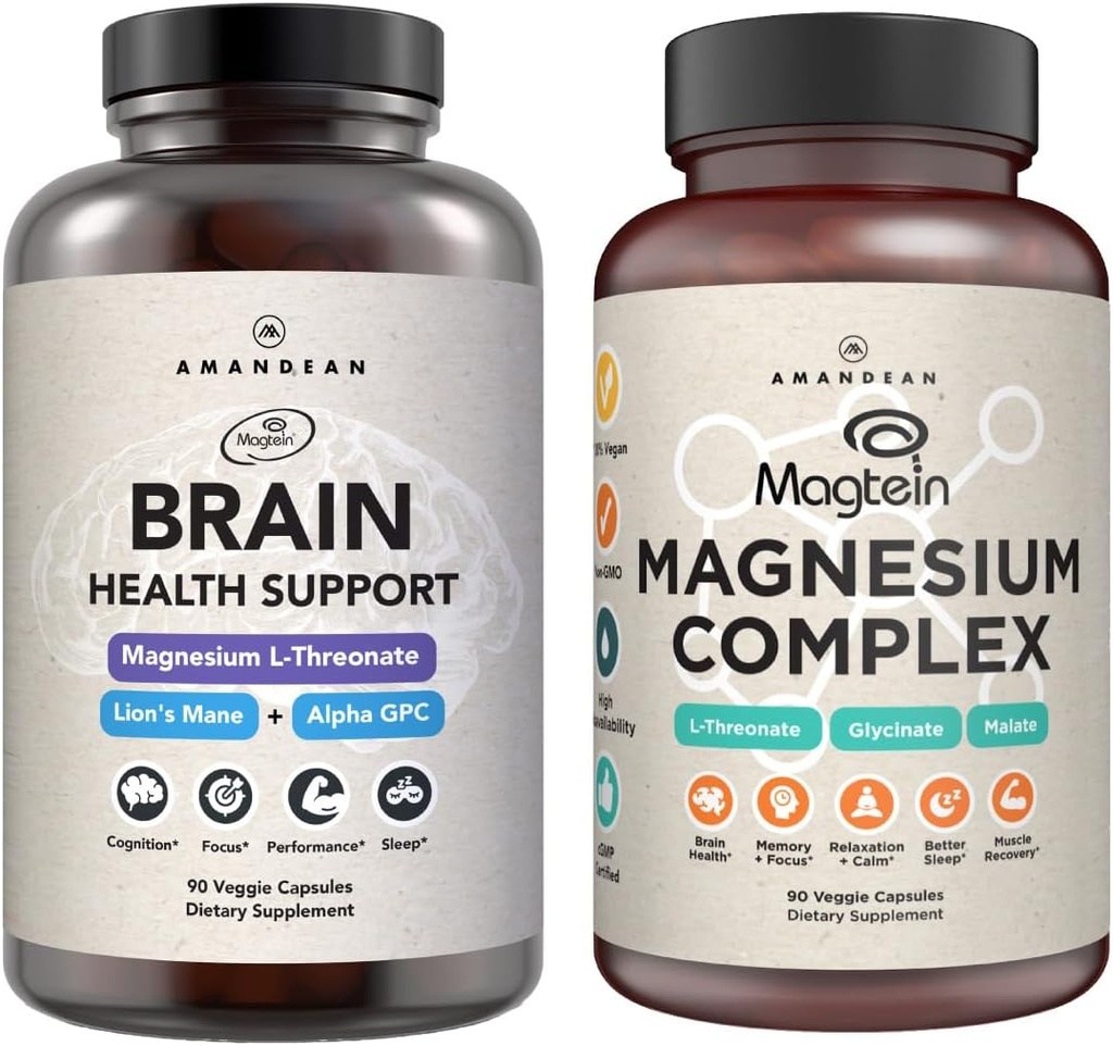 AMANDEAN Premium Brain & Magnesium Bundle: High-Absorption Magnesium L-Threonate, Glycinate & Malate, USA-Grown Organic Lion’s Mane 6:1 Extract, and Alpha-GPC. Supports cognitive health, focus & sleep 2