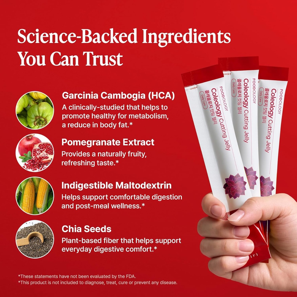 FOODOLOGY Coleology Cutting Jelly (10 Days) - Garcinia Cambogia (HCA) Jelly Sticks. Delicious Pomegranate Flavored. Chia Seeds, Collagen. 5