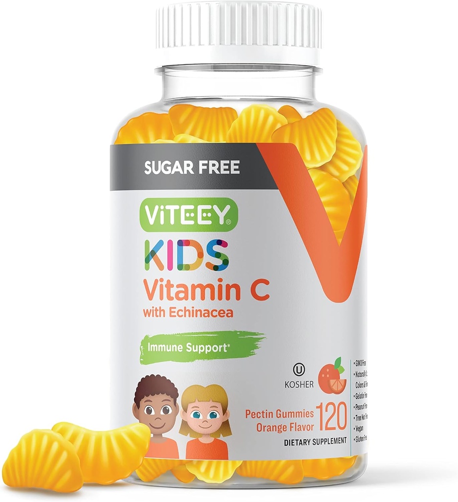 Viteey Kids Vitamin C Gummies 75mg, with Echinacea - Sugar Free - Immune Support for Kids, Toddlers, & Teens - Vegan, Gelatin Free, Gluten Free, GMO Free - Tasty Orange Flavored Immunity Gummy 2