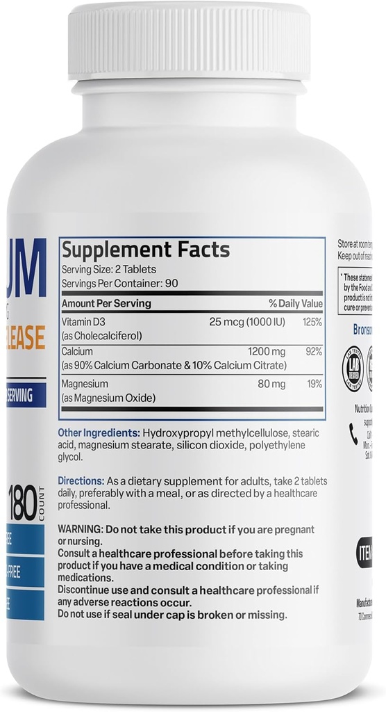 Bronson Calcium 1200 MG Per Serving Sustained Release with Vitamin D3 1000 IU Vitamin D3 Per Serving Non-GMO, 180 Tablets 3