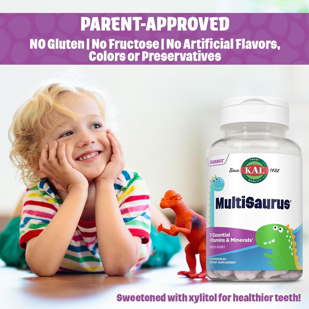 KAL MultiSaurus Kids Chewable Multivitamins, 11 Essential Vitamins and Minerals for Kids, Mixed Berry Flavor, Gluten and Preservative Free, 60 Servings, 60 Dinosaur-Shaped Chewables 5