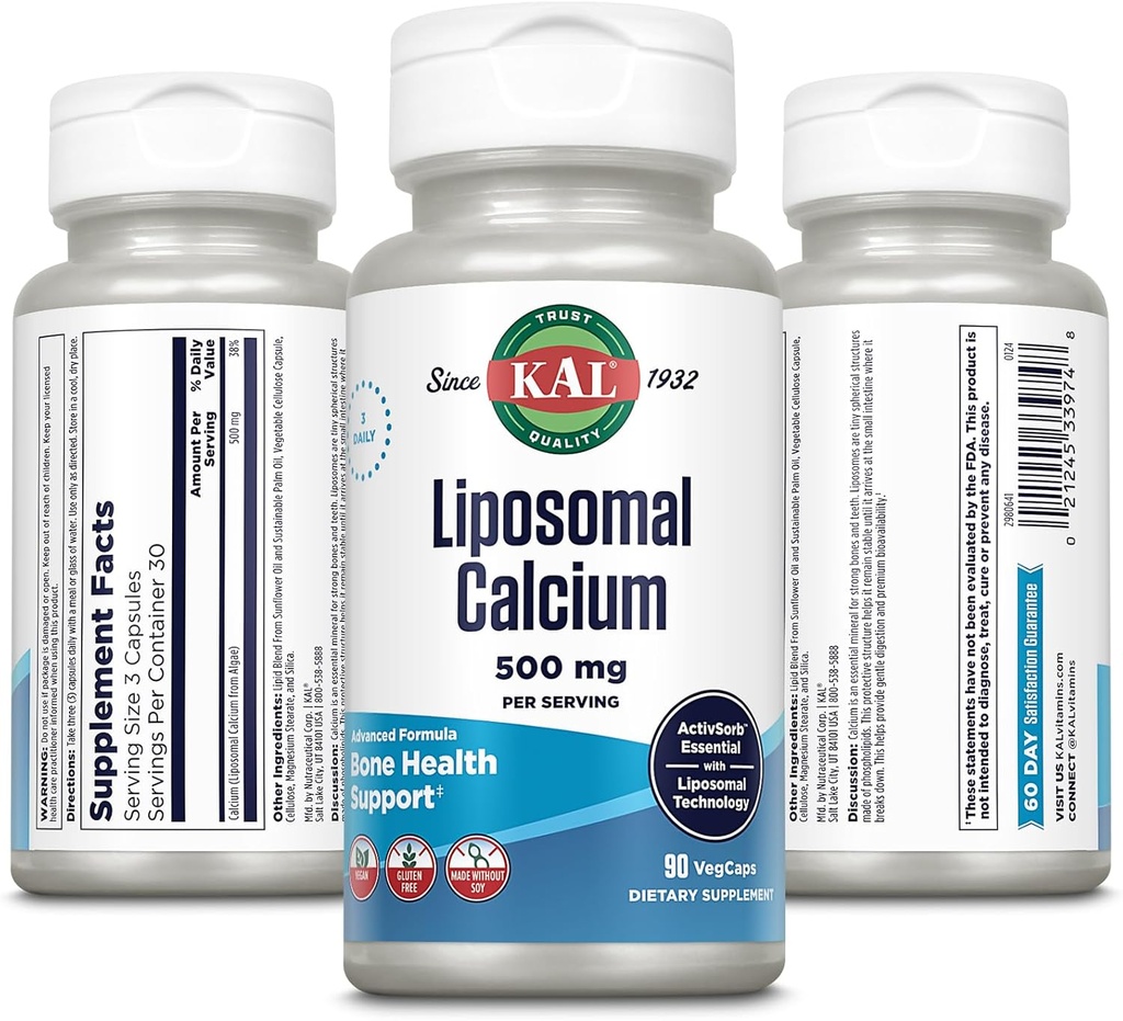 KAL Liposomal Calcium 500 mg, High Absorption Calcium Supplement, Essential Calcium Support, Vegan, Gluten Free, No Soy, 30 Servings, 90 VegCaps 3