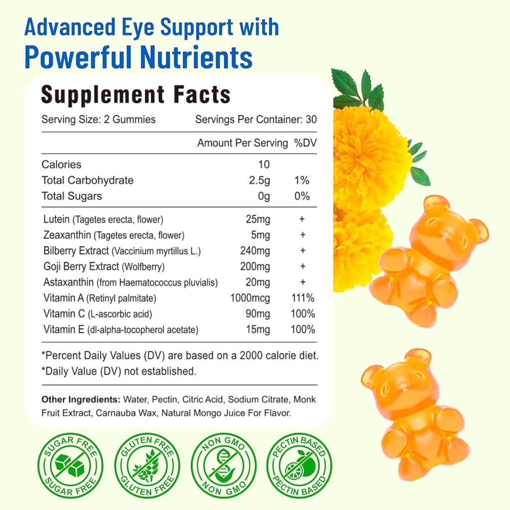 Eye Vitamins Lutein & Zeaxanthin Gummies, Sugar Free Eye Health Supplements with Bilberry, Astaxanthin - Support Blue Light, Visual Function and Macular Health - Mango Flavored, 60 Count 3