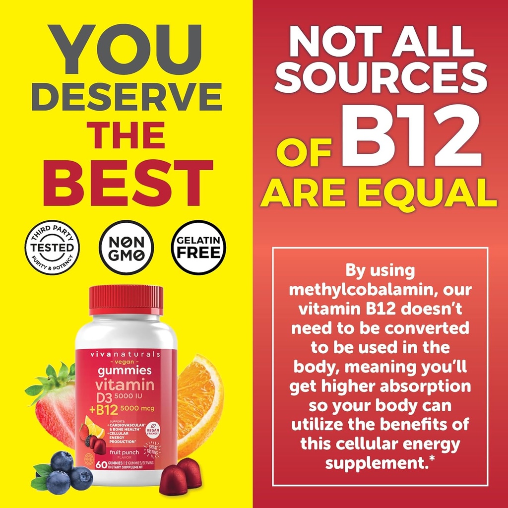Vitamin B12 Gummies for Adults 5000mcg with Vitamin D3 5000 IU - Chewable B12 Vitamin 5000 MCG Gummies for Women, Vitamin D and B12 Gummy Vitamin 6