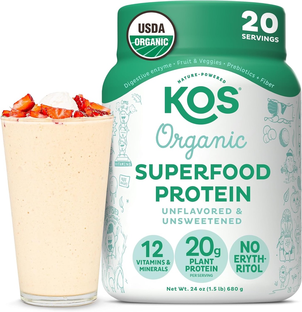 KOS Vegan Protein Powder, Unflavored & Unsweetened - Low Carb Pea Protein Blend, Organic Superfood Rich in Vitamins & Minerals - Keto, Soy, Dairy Free - Meal Replacement for Women & Men - 20 Servings 2
