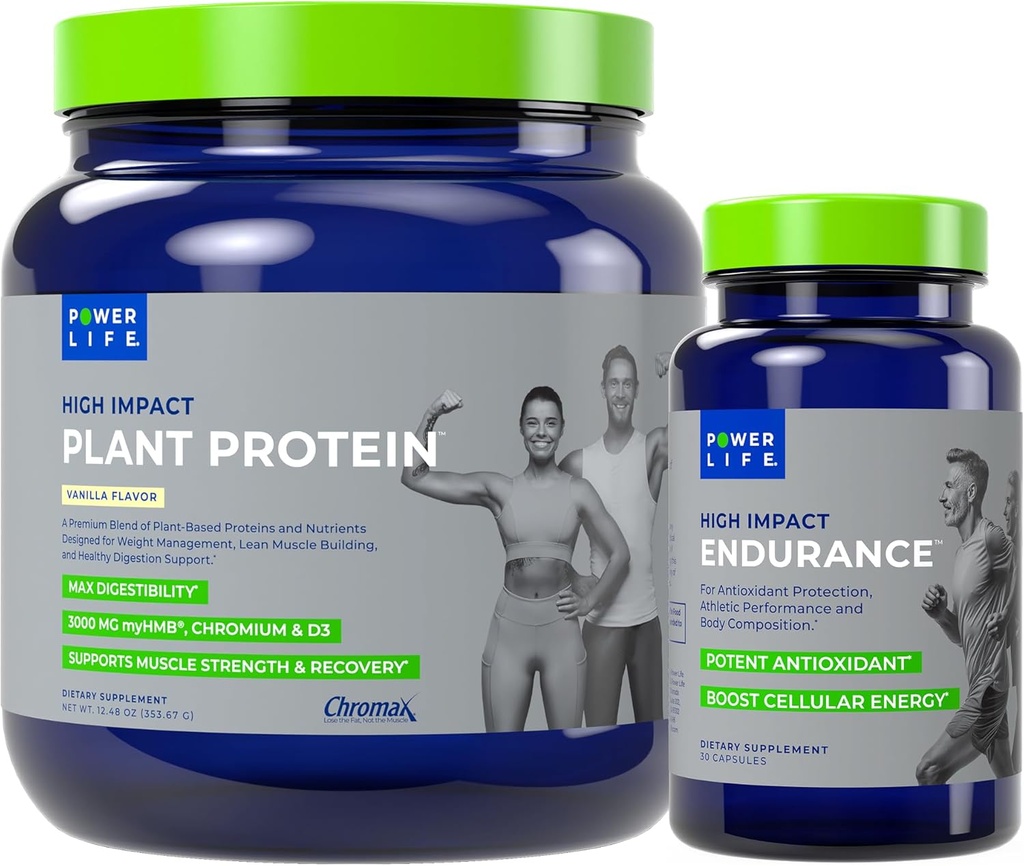 POWERLIFE High Impact Plant Protein (Vanilla - New Formula) with 3000 MG of HMB, No Sugar Added, Non-GMO High Impact Endurance 2