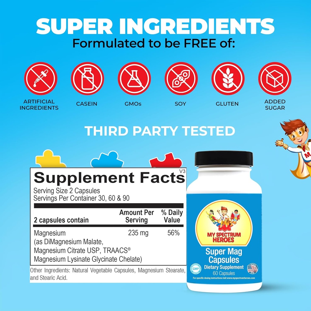 My Spectrum Heroes Magnesium Capsules - High-Absorption Magnesium Blend for Sleep, Relaxation, Cognitive Support, and Calm - Kid & Adult Friendly Formula - Promotes Wellness and Balance - 60 Capsules 5