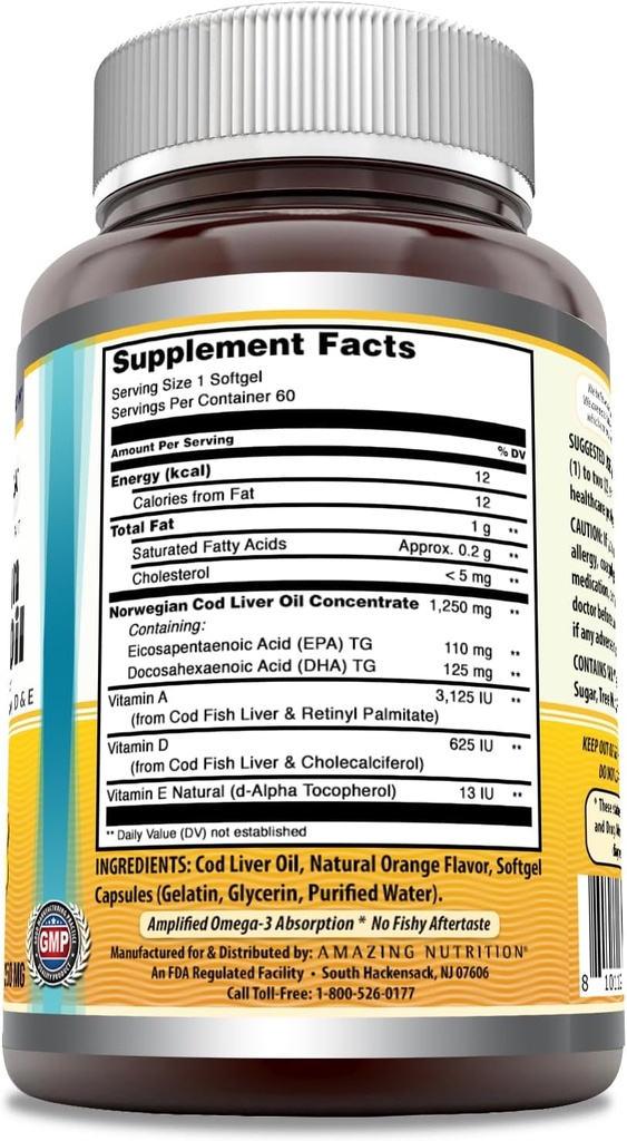 Amazing Omega Norwegian Cod Liver Oil 1250 Mg Softgels Supplement | Omega-3, EPA, DHA, Vitamin A, Vitamin D & Vitamin E (Orange | 60 Count) 3