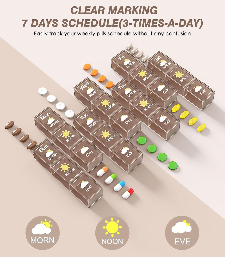 Medilax Pill Organizer 3X a Day, Pill Boxes and Organizer 3 Times a Day, Pill Box 7 Day，Pill Case with Triple-Protective, Pill Containers for Vitamins/Medication/Supplements, Coffee 4