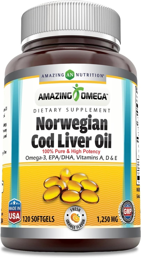 Amazing Omega Norwegian Cod Liver Oil 1250 Mg Softgels Supplement | Omega-3, EPA, DHA, Vitamin A, Vitamin D & Vitamin E (Orange | 60 Count) 5