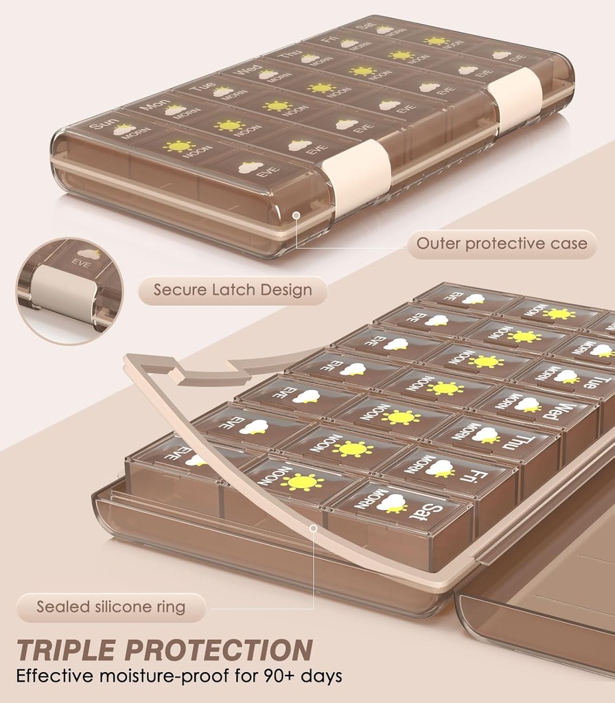 Medilax Pill Organizer 3X a Day, Pill Boxes and Organizer 3 Times a Day, Pill Box 7 Day，Pill Case with Triple-Protective, Pill Containers for Vitamins/Medication/Supplements, Coffee 6