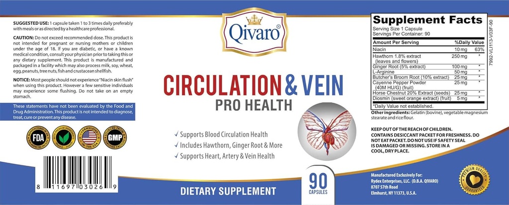 Circulation & Vein Pro Supplement - Contains Niacin, L-Arginine, Ginger, Cayenne Pepper, Hawthorn & Diosmin - 90 Capsules 2