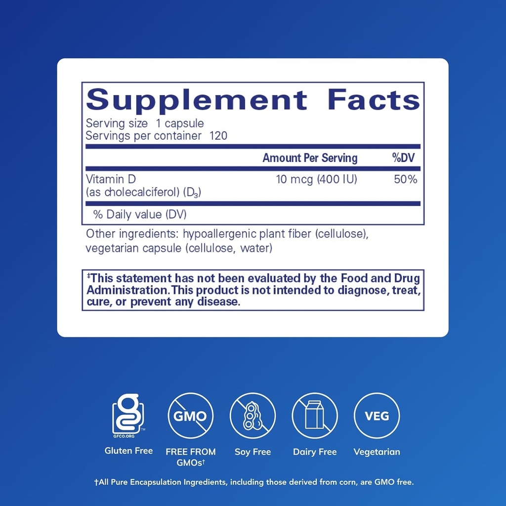 Pure Encapsulations Vitamin D3 10 mcg (400 IU) | Hypoallergenic Support for Bone, Breast, Cardiovascular, Colon and Immune Health | 120 Capsules 3