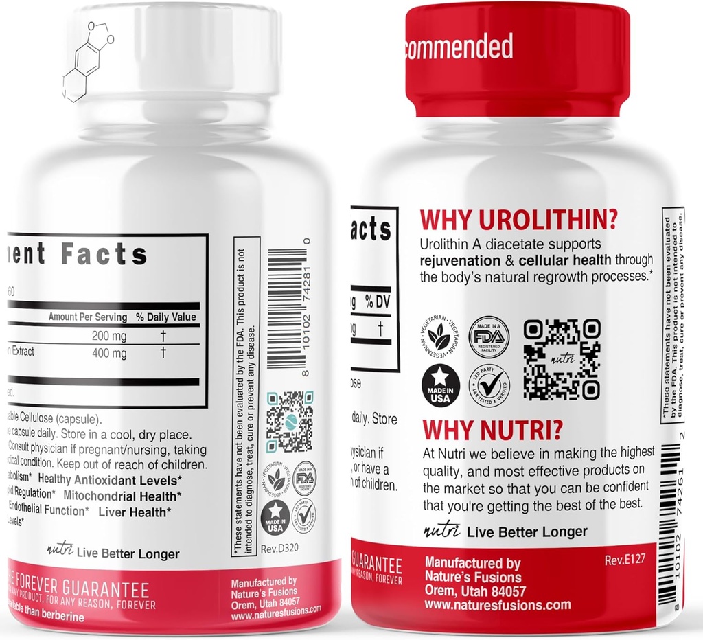 Nature's Fusions Nutri Dihydroberberine (60 Capsules) & Urolithin A Diacetate 500mg Energy Booster Supplement 4