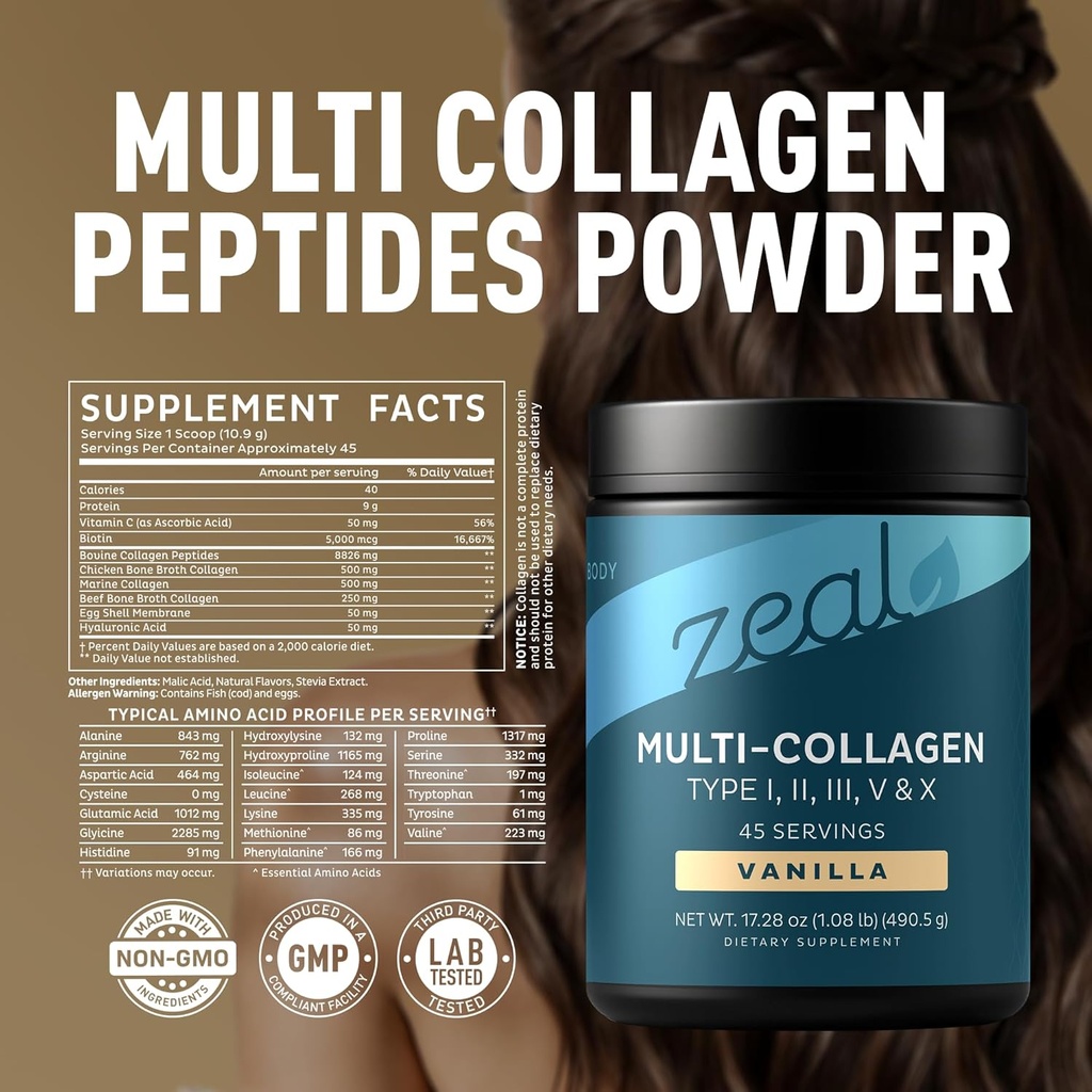 Premium Multi Collagen Peptides Protein Powder (1, 2, 3, 5 & 10) with Vitamin C, Biotin, Hyaluronic Acid, for Hair Skin and Nails - Marine, Bovine, Chicken & Eggshell (Vanilla, 45 Servings) 3