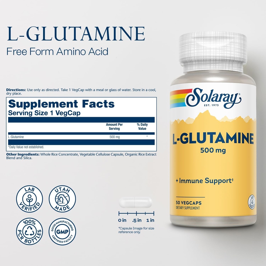 SOLARAY L Glutamine Capsules 500 mg - Immune Support - Free Amino Acid - Lab Verified, 60-Day Money-Back Guarantee, 50 Servings, 50 VegCaps 3
