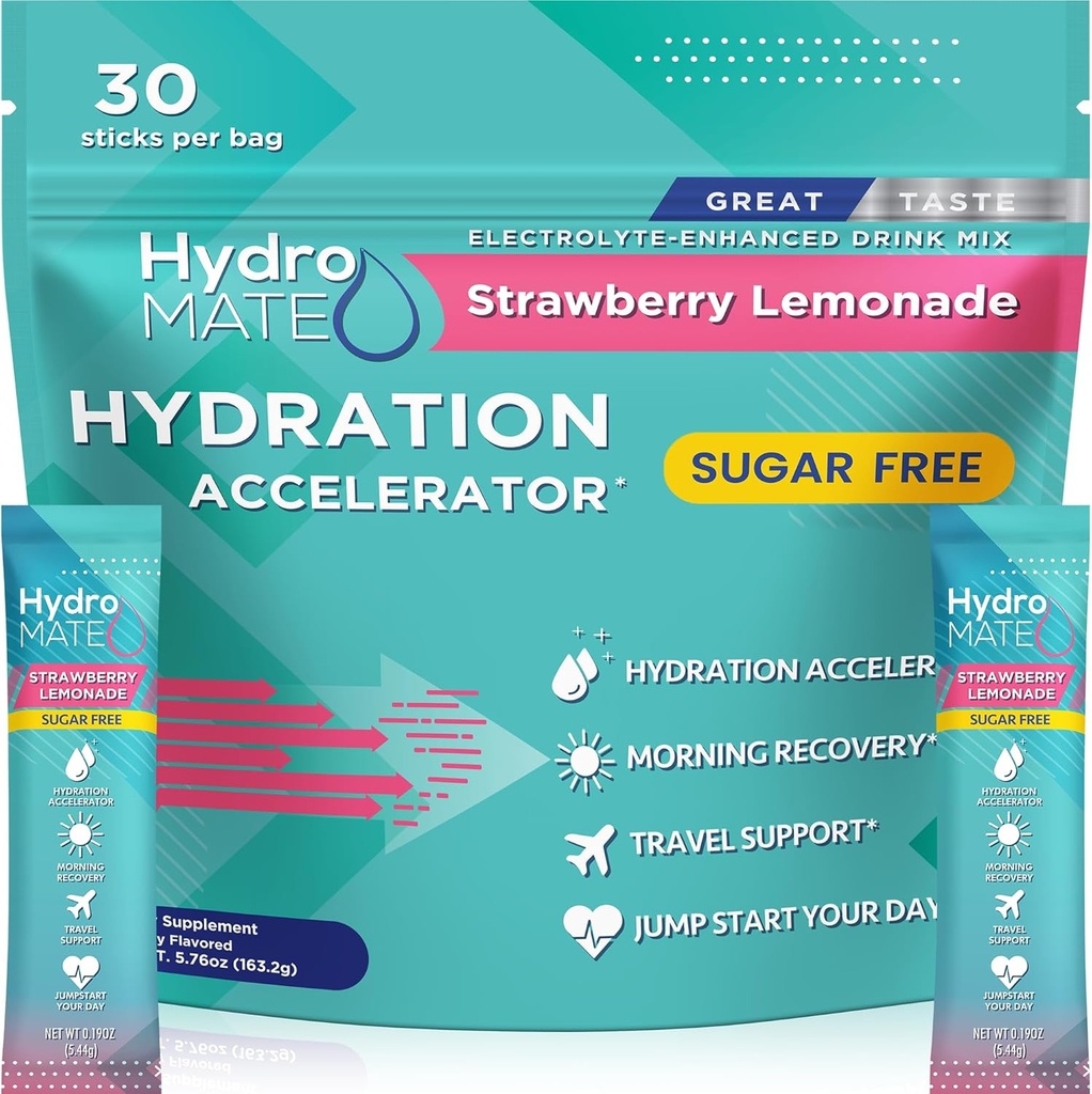 Electrolyte Powder Sugar-Free Hydration Packets Strawberry Lemonade HydroMATE 30 Sticks 2