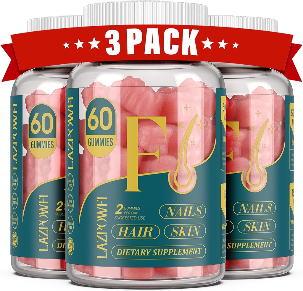 Biotin Gummies -Hair Skin and Nails Vitamins for Men & Women, Vegan Vitamin B7, Supports Hair Growth and Stronger Nails,90 Day Supply-Raspberry-3 Pack 2