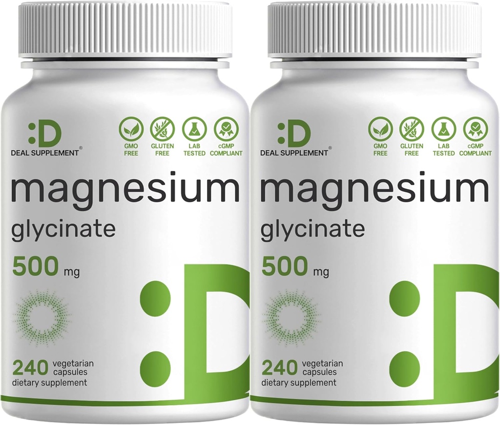 2 Pack Magnesium Glycinate 500mg, 480 Veggie Capsules | 100% Chelated for Easy Absorption | Essential Mineral Supplement for Muscle, Sleep, & Heart Health 2