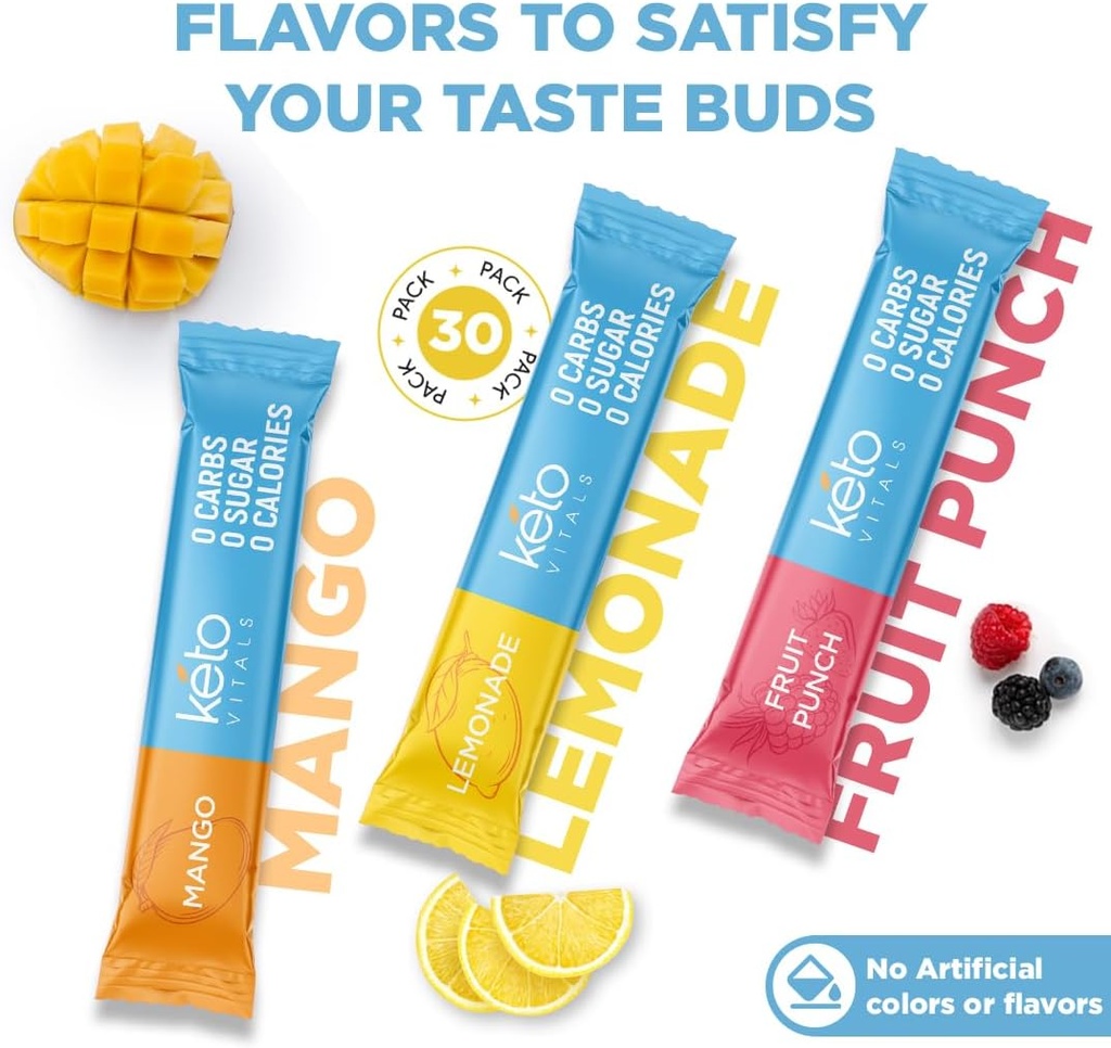 Keto Vitals Original Electrolytes Powder Packets | Keto Friendly Electrolyte Hydration Packs | Sugar Free Electrolytes | Energy Drink Mix | Zero Calorie Zero Carb (Original Assorted, 30 Count) 6