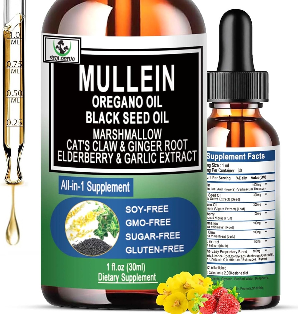 16-in-1 Organic Mullein Drops for Lungs | Mullein Leaf Extract w/Oil of Oregano with Black Seed Oil | Non-GMO&Gluten Free Respiratory Health Liquid Drops | Mullein Supplement Cleanse for Smokers 2