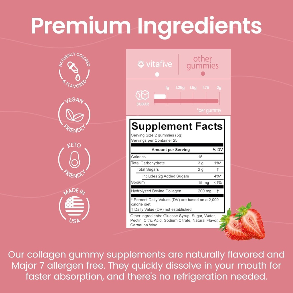 vitafive Collagen Gummies for Men and Women, Bovine Collagen, Collagen Gummy for Hair, Skin, and Connective Tissue Support, Gluten Free (50 Ct) 6