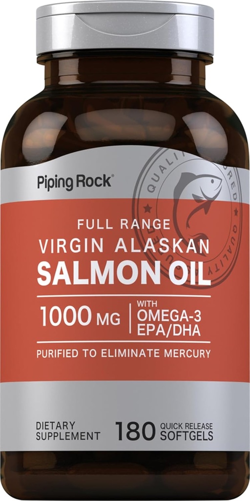 Piping Rock Wild Alaskan Salmon Fish Oil | 1000mg | 180 Softgels | Supplements for Humans | Omega-3, EPA, and DHA | Non-GMO and Gluten Free 2