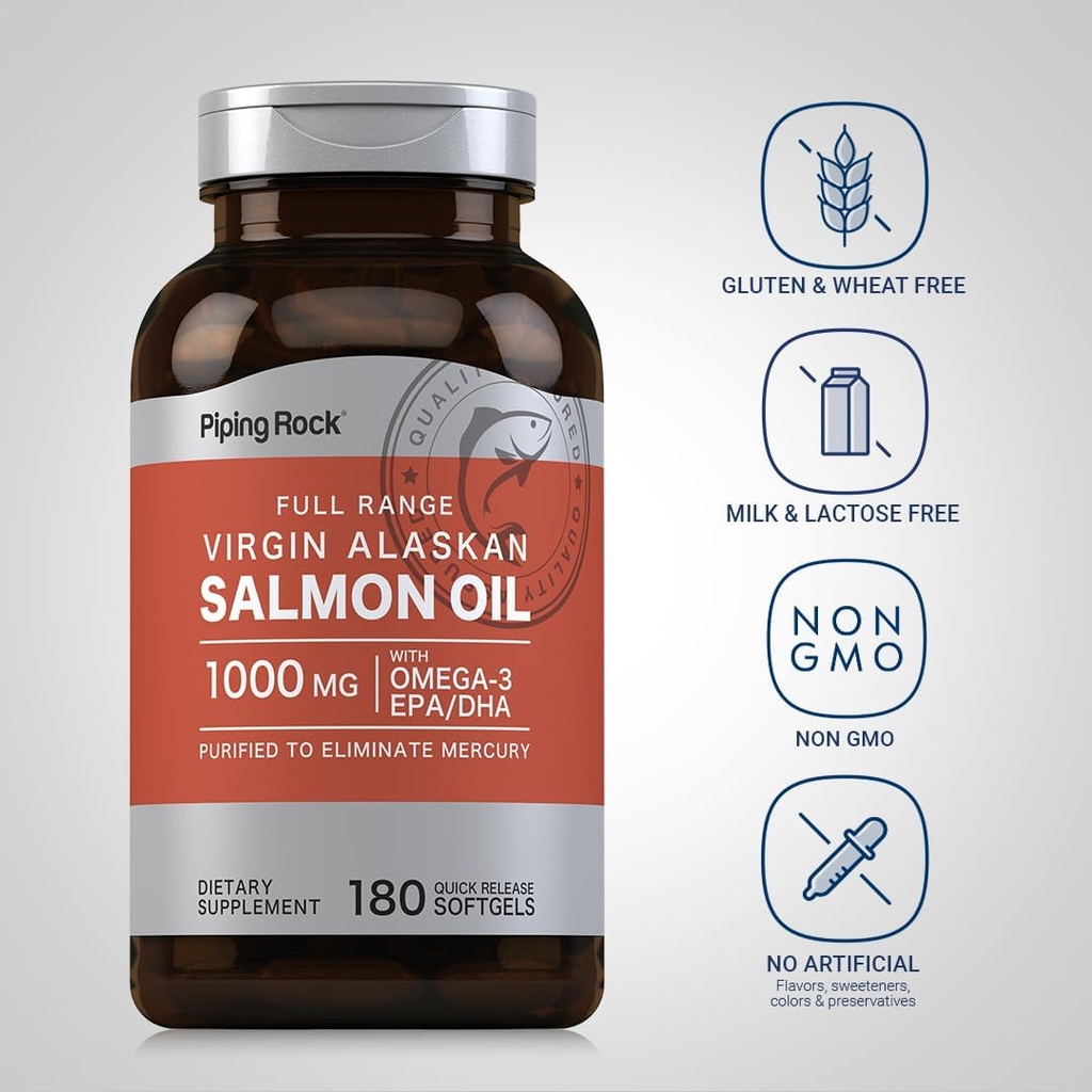 Piping Rock Wild Alaskan Salmon Fish Oil | 1000mg | 180 Softgels | Supplements for Humans | Omega-3, EPA, and DHA | Non-GMO and Gluten Free 4