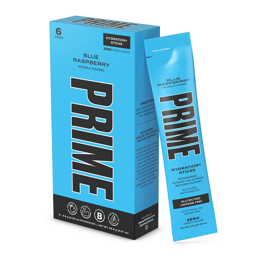 PRIME HYDRATION+ Sticks Blue Raspberry | Hydration Powder Single Serve Sticks | Electrolyte Powder On The Go | 250mg BCAAs, B Vitamins, Antioxidants | Low Sugar | Caffeine-Free | Vegan | 6 Sticks 2