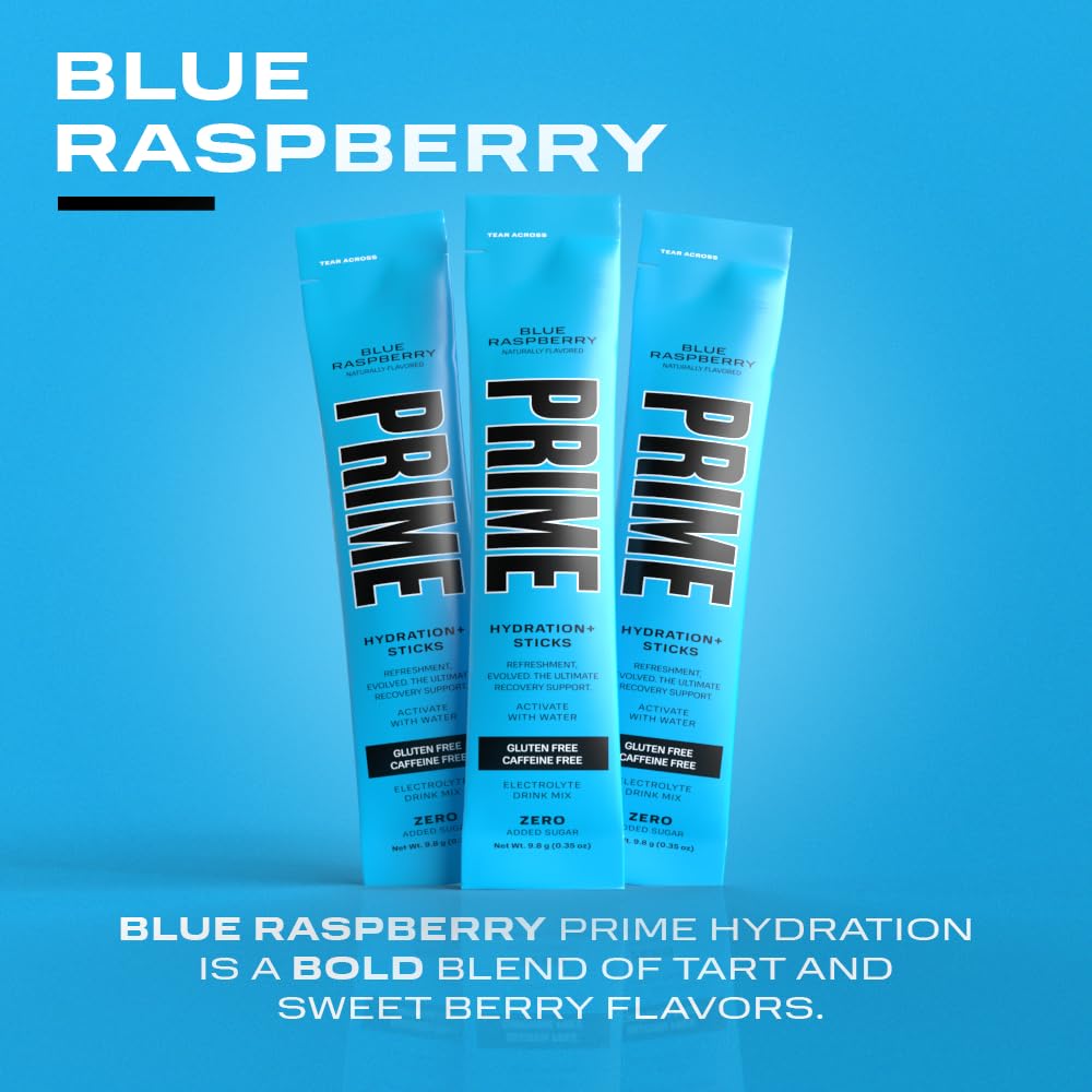 PRIME HYDRATION+ Sticks Blue Raspberry | Hydration Powder Single Serve Sticks | Electrolyte Powder On The Go | 250mg BCAAs, B Vitamins, Antioxidants | Low Sugar | Caffeine-Free | Vegan | 6 Sticks 5