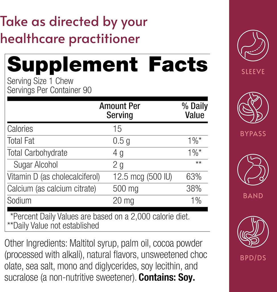Bariatric Advantage Calcium Citrate Chewy Bites 500 mg - Highly Absorbable & Digestible - Vitamin D3 - Easily Chewable Calcium Supplement - Chocolate Flavor - 90 Count 5