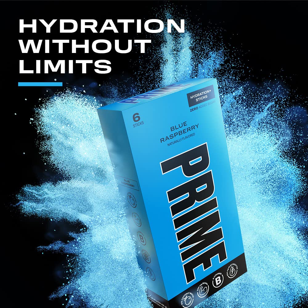 PRIME HYDRATION+ Sticks Blue Raspberry | Hydration Powder Single Serve Sticks | Electrolyte Powder On The Go | 250mg BCAAs, B Vitamins, Antioxidants | Low Sugar | Caffeine-Free | Vegan | 6 Sticks 6