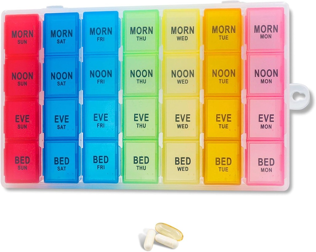 Weekly Pill Organizer 4 Times a Day, 7-Day Pill Boxes, Monthly Medication Organizer 28 Days Portable Compartments & Moisture-Proof Outer Case for Vitamins, Fish Oils, Supplements(Color) 2