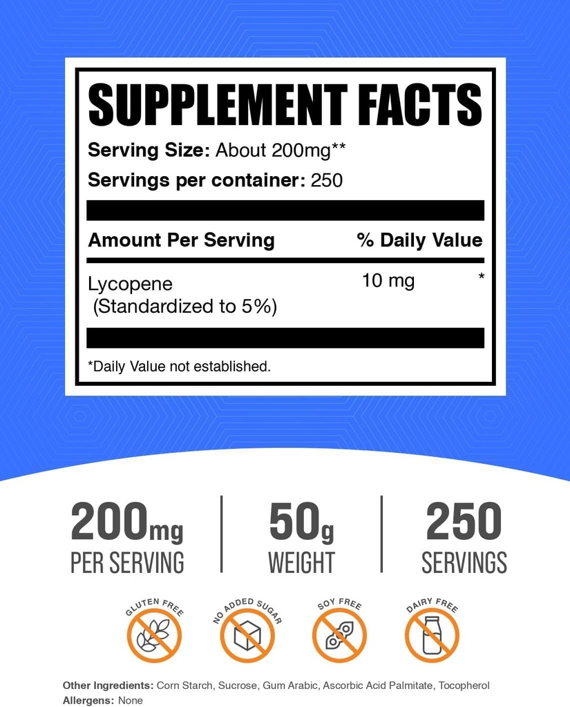 BulkSupplements.com Lycopene Powder - Lycopene Supplement, Lycopene 10mg - Antioxidants Supplement, Gluten Free, 200mg per Serving, 100g (3.5 oz) (Pack of 1) 3