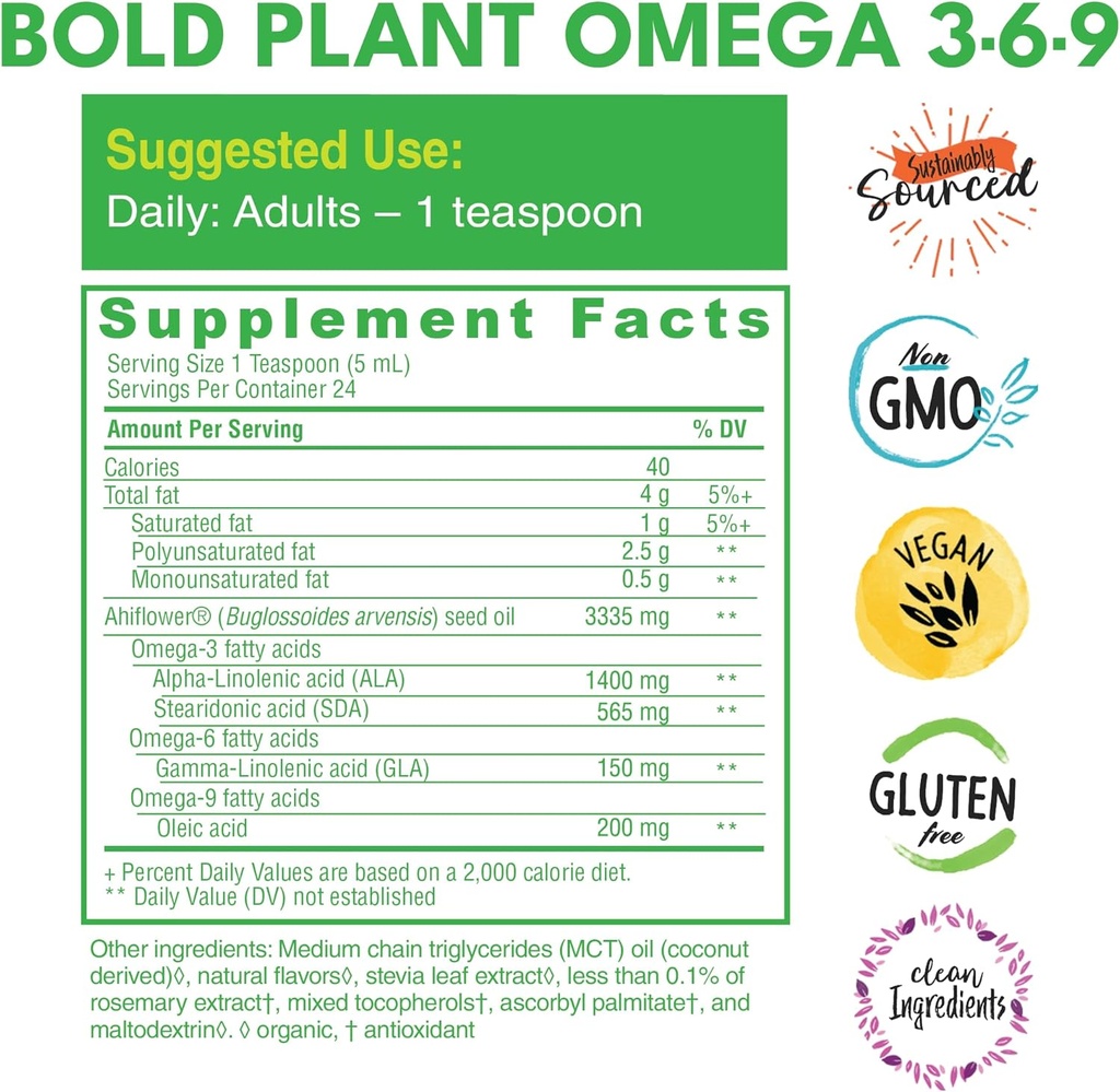 Bold Botanica Plant Omega 3-6-9, with Ahiflower Oil, Vegan Omega 3, Complete Plant-Based Omegas for Brain & Immune Health, Better Than Flax, Fish Free, Great Taste, Sugar-Free, Non-GMO, Liquid- 4 oz 5