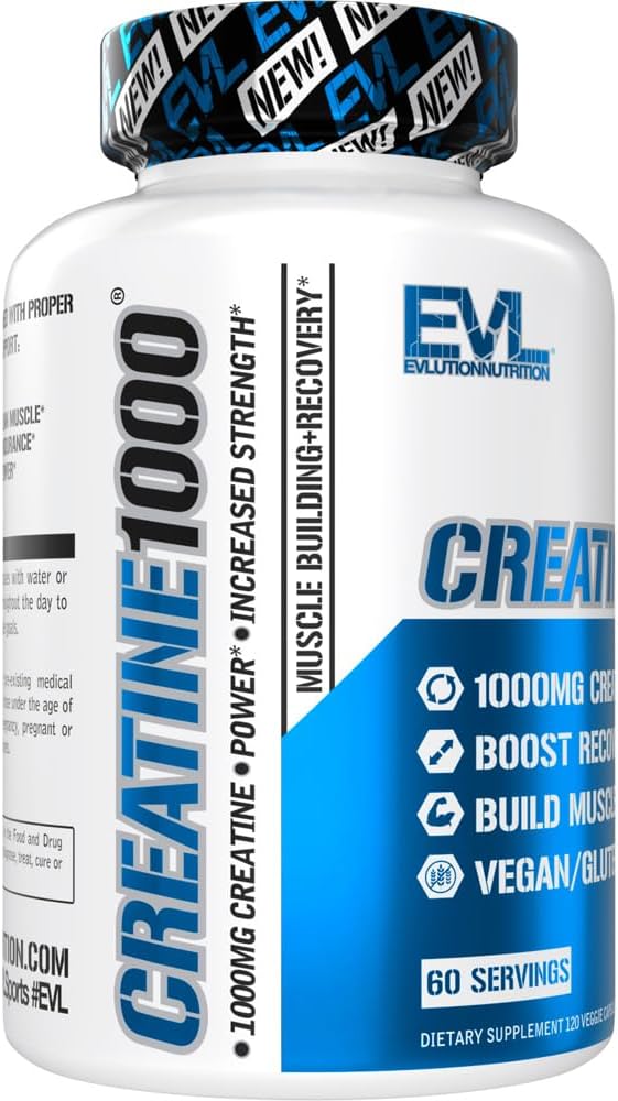 Evlution Pure Creatine Monohydrate Capsules 1000mg Nutrition Pre and Post Workout Recovery Vegan Creatine Pills for Gains and Muscle Recovery Supplement - Muscle Builder for Men 6
