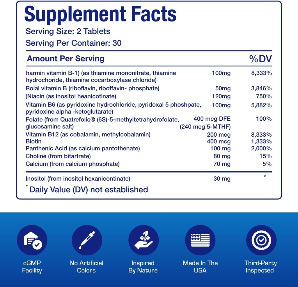 Super B Complex Methylated & Time Released - Bio Active B Complex Vitamin Supplement with Choline Inositol & 8 B Vitamins for Nervous System and Energy Metabolism Support - 1 Month Supply 5