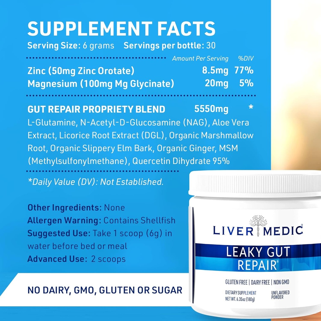 Leaky Gut Repair Gut Health Support Powder Glutamine Slippery Elm for IBS Heartburn Relief Bloating to Soothe Stomach for Women & Men Capsules (Unflavored) 180g 6