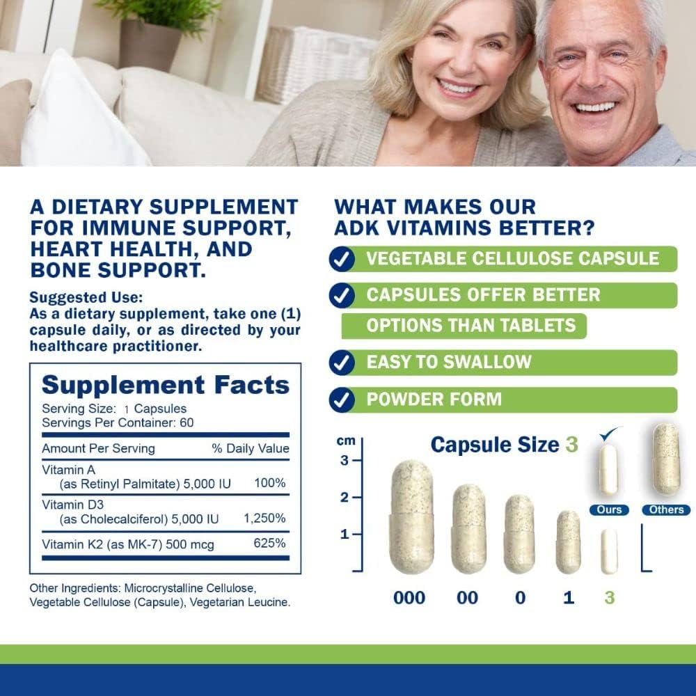 Power By Naturals ADK Vitamin Supplement: Vitamin A, Vitamin D3 5000 iu, and Vitamin K2 MK-7, Support Bone Health Vitamin ADK Supplement, Pure Vitamin D3 K2 MK7 & A, Pack of 2 (60 Capsules Each) 6