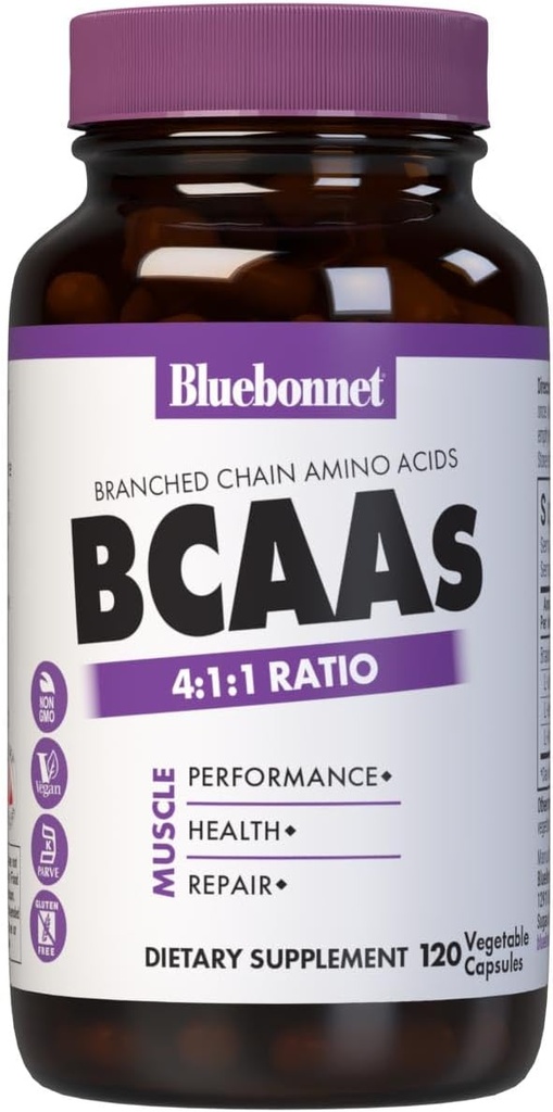 Bluebonnet Nutrition BCAAs 4:1:1 Ratio, Muscle Performance*, Muscle Health*, Muscle Repair*, Non-GMO, Vegan, Kosher Certified, Gluten-Free, Soy-Free, Dairy-Free, 120 Vegetable Capsules, 30 Servings 2