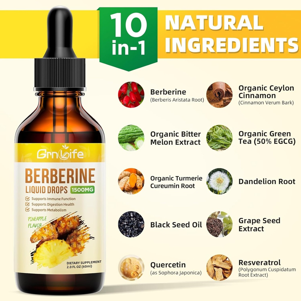 Berberine Supplement, 1500mg Organic Berberine Liquid Drops with Ceylon Cinnamon, Bitter Melon - Supports Immune and Metabolism, Vegan, Pineapple Flavor-2 FL Oz 4