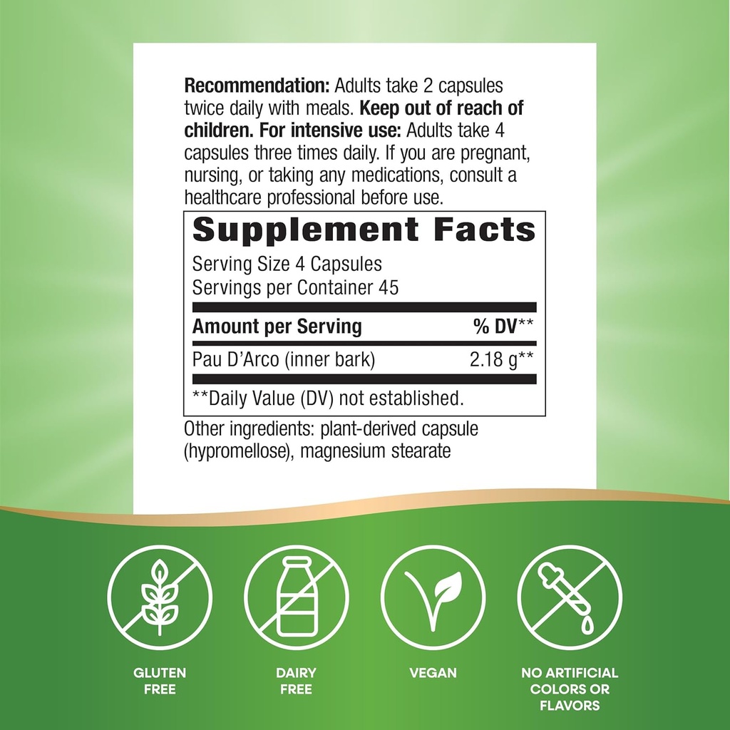 Nature's Way Pau d'Arco Inner Bark, Traditional South American Herb, 2,180 mg per 4-Capsule Serving, Non-GMO Project Verified, 180 Capsules (Packaging May Vary) 6