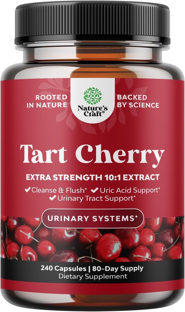Extra Strength Tart Cherry Capsules - Tart Cherry Extract Capsules 7500mg for Uric Acid Cleanse for Gout & Kidneys Support - Fruit Extract Supplement for Urinary Tract Health & Joint Support - 240 Ct 2
