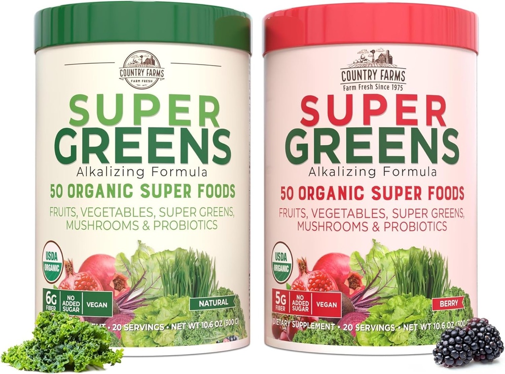 COUNTRY FARMS Super Greens Power Pack, 50 Organic Super Foods, Greens Powder with Probiotics for Gut Health & Bloating Relief, Supports Energy, Unflavored & Berry, 40 Serving 2