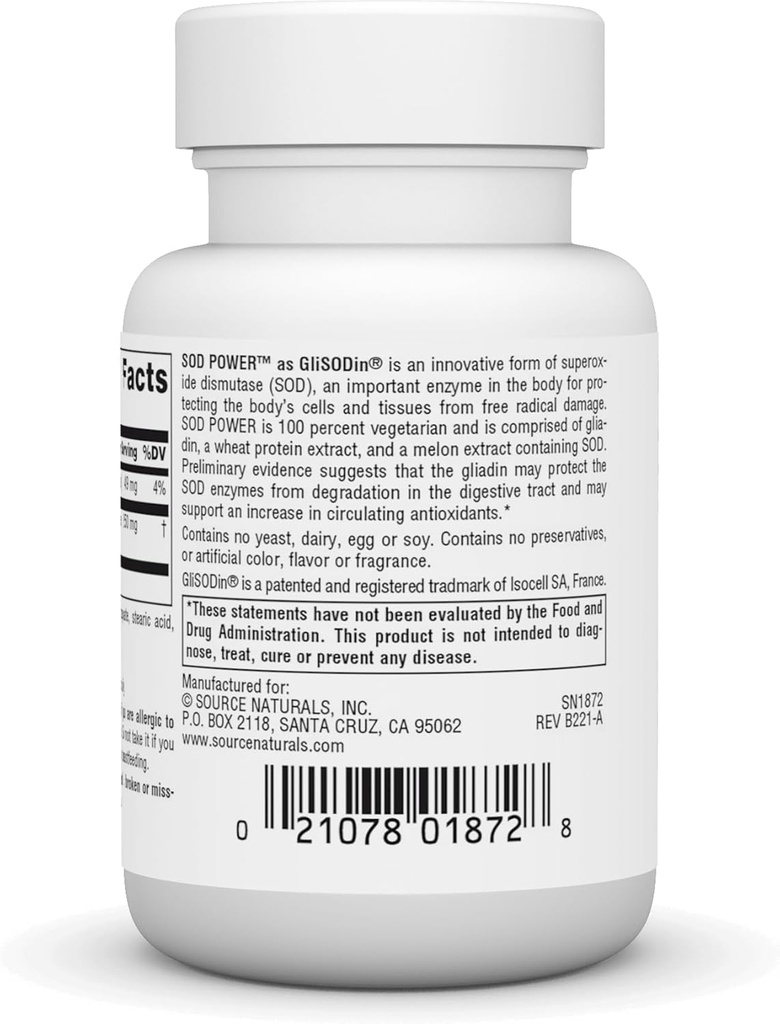 Source Naturals SOD Power As Glisodin, Superoxide Dismutase, Dietary Supplement 250mg - 30 Tablets 4