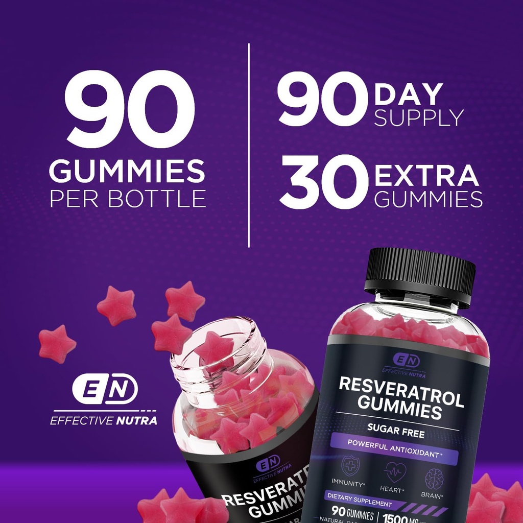 EFFECTIVE NUTRA Resveratrol Gummies 1500mg | Sugar-Free Supplement for Antioxidant Support, Immunity, Heart Health, and Brain Function | 45-Day Supply, Natural Berry Flavor, Made in USA (90 Count) 5