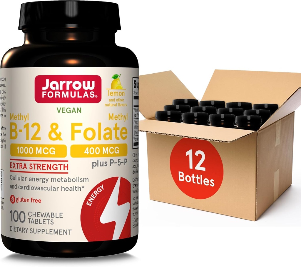 Jarrow Formulas Methyl B-12 1000MCG & Methyl Folate 400MCG,Extra Strength,Cellular Energy Metabolism & Cardiovascular Health Formula(1) With P-5-P,100Chewable Tabs,Up to a 100 Day Suppl,12Packs 2