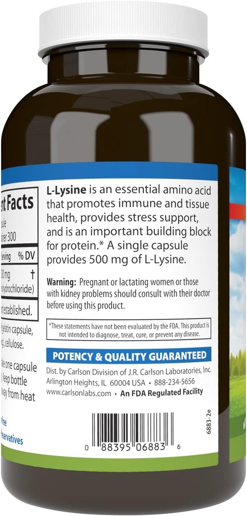 Carlson - L-Lysine, 500 mg, Supports Healthy Tissue & Muscle Development, 300 capsules 4