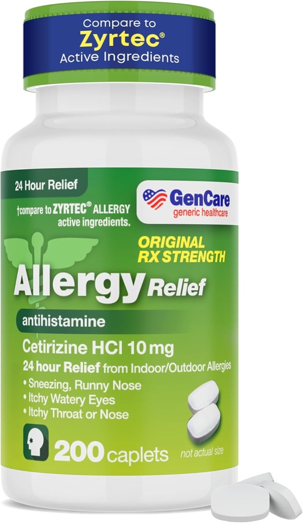 GenCare - Cetirizine HCL 10 mg (200 Caplets) - 24 Hour Allergy Relief Pills - Non Drowsy Generic OTC Allergy Medication - Antihistamine Medicine for Sneezing, Runny Nose & Itchy Eyes - Generic Zyrtec 2