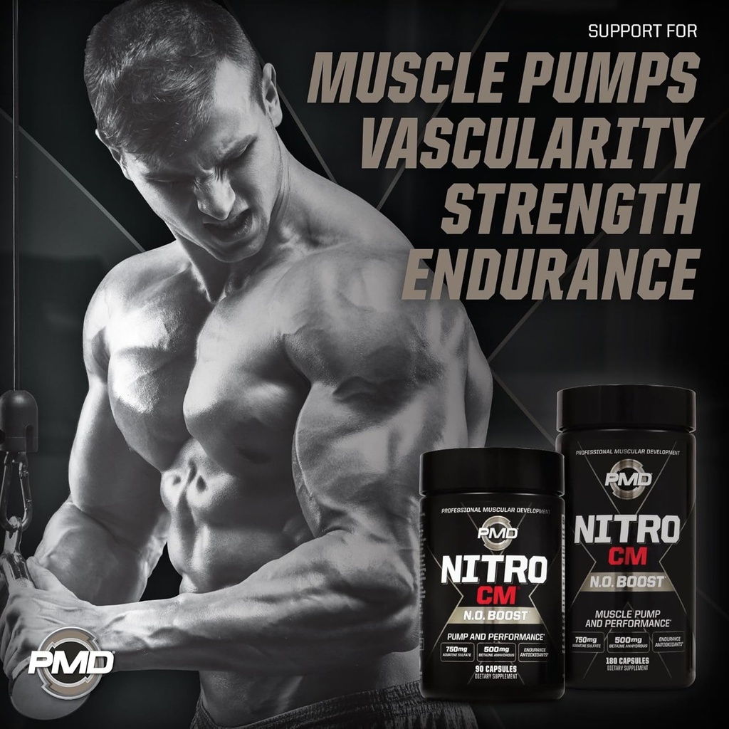 PMD Sports Nitro CM Nitric Oxide with Agmatine Pre Workout Supplement - Muscle Growth and Muscle Pump with L Arginine - Endurance Boost for Hardcore Training and Bodybuilding Preworkout (180 Capsules) 4